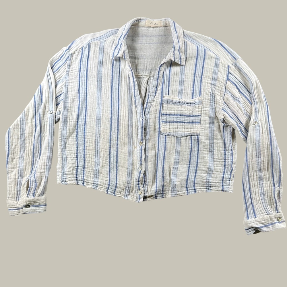 Love Notes Shirt Women L Blue White Striped Cotton Gauze Cropped Boho Coastal
